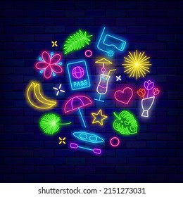 Summer neon round signboard. Bright template with season icons. Travel and relax. Beach umbrella and passport. Holiday party and sale concept. Shiny emblem. Editable stroke. Vector stock illustration