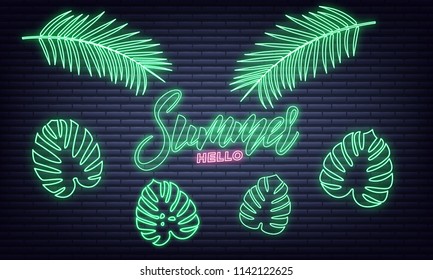 Summer neon set. Summer lettering and neon glowing tropical leaves set