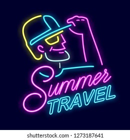 Summer neon sign with bright illumination. Summer holidays signboard, bright neon logo, emblem, light banner. Contour of man in cap, beach party, dance, fashion clothes, travel. Vector illustration.