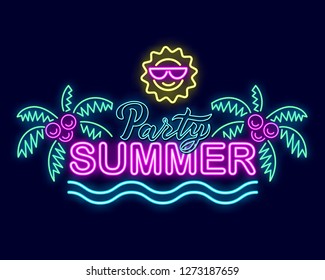 Summer neon sign with bright illumination. Summer holidays signboard, bright neon logo, emblem, light banner. Party summer poster with decoration elements, palm trees. Vector illustration isolated.