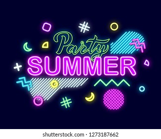 Summer neon sign with bright illumination. Summer holidays signboard, bright neon logo, emblem, light banner. Party summer poster with decoration elements. Vector illustration isolated.