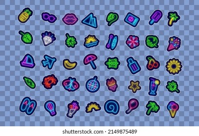 Summer neon sticker bundle. Holiday design patches collection. Sunset, cherry and shell. Disco ball and plane. Night bright signboard set. Glowing effect banner. Vector stock illustration