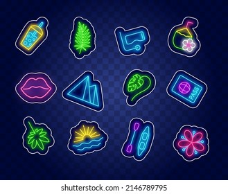 Summer neon sticker collection. Vacation design patches set. Social media items. Diving, tea and monstera. Night bright signboard. Outer glowing effect banner. Vector stock illustration