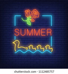 Summer neon text in frame with roses and duck with ducklings. Seasonal offer or sale advertisement design. Night bright neon sign, colorful billboard, light banner. Vector illustration in neon style.