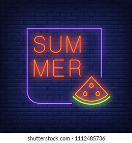 Summer neon text in frame with watermelon slice. Seasonal offer or sale advertisement design. Night bright neon sign, colorful billboard, light banner. Vector illustration in neon style.