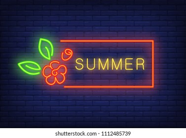 Summer neon text in red frame and flower. Seasonal offer or sale advertisement design. Night bright neon sign, colorful billboard, light banner. Vector illustration in neon style.