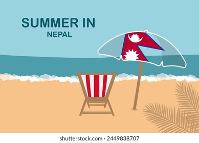 Summer in Nepal, beach chair and umbrella, vacation or holiday in Nepal, vacation concept vector design, summer holiday, sea sand sun, travel and tourism idea