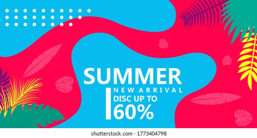 Summer new arrival disc up to 60% with typography  letter and web banner beautiful  background on the leaf tropical. for vector illustration, flyer, and invitation, brochure design