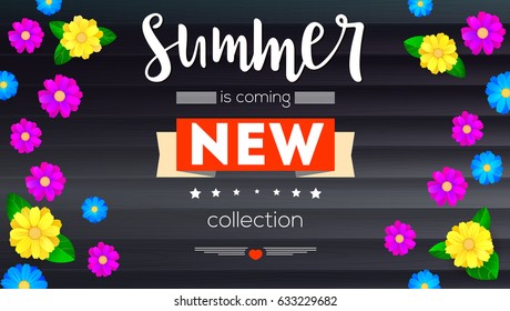 Summer new collection banner, background. Black wooden backdrop and of colored daisies flower. Template, mock-up online shopping, advertising and other design.