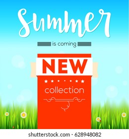 Summer new collection bright advertising banner, text poster. Green, natural grass, white daisies, camomile flower and small red lady-bug. Blue sky, white clouds, summer sky. Template for creativity