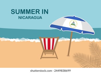 Summer in Nicaragua, beach chair and umbrella, vacation or holiday in Nicaragua, vacation concept vector design, summer holiday, sea sand sun, travel and tourism idea