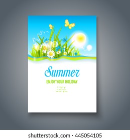 Summer nice motif. Bright summer blank with flowers and butterflies. Nature template for design banner,ticket, leaflet, card, poster and so on.