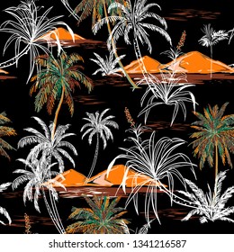Summer Night Aloha seamless island pattern vector. Landscape with palm trees,beach and ocean vector hand drawn style on Black