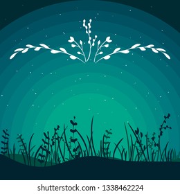 summer night background with grass silhouette