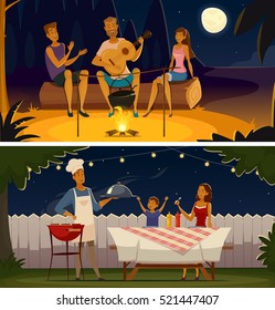 Summer night barbecue party 2 retro cartoon banners with grill festive illumination lights and moon isolates vector illustration 