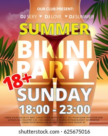 Noche de verano en bikini de playa o volante de fiesta en la piscina con fondo de mujer sexy joven bastante realista y erótico de nuevo en bikini en la playa de la noche en verano con hoja de palma. Fiesta de vacaciones para adultos 18+ Vector