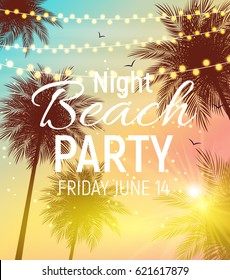 Summer Night Beach Party Poster. Tropical Natural Background  with Palm. Vector Illustration EPS10