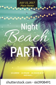 Summer Night Beach Party Poster. Tropical Natural Background  with Palm. Vector Illustration EPS10