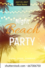 Summer Night Beach Party Poster. Tropical Natural Background  with Palm. Vector Illustration EPS10