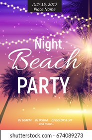 Summer Night Beach Party Poster. Tropical Natural Background  With Palm. Vector Illustration EPS10