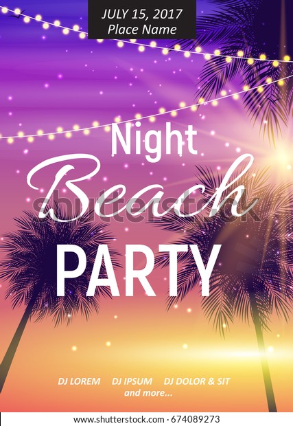 夏の夜のビーチパーティーのポスター 熱帯の自然の背景にヤシ ベクターイラストeps10 のベクター画像素材 ロイヤリティフリー