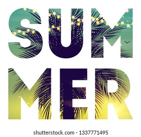 Summer Night Beach Poster. Tropical Natural Background with Palm.  Decor for fabric, textile, clothes Vector Illustration