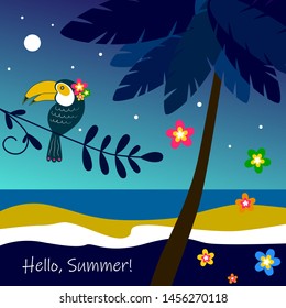 Summer night. Beautiful colorful poster. Vacation, summer. Floral vector illustration. Adventure travel. Beautiful beach. 