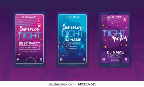 Summer Night Best Party Banner Set. Disco Club Dj Nightclub. Glow Neon Light Lettering Flyer Vector Illustration. Music Concert Dance Event. Mobile Phone Screen Social Media Advertising