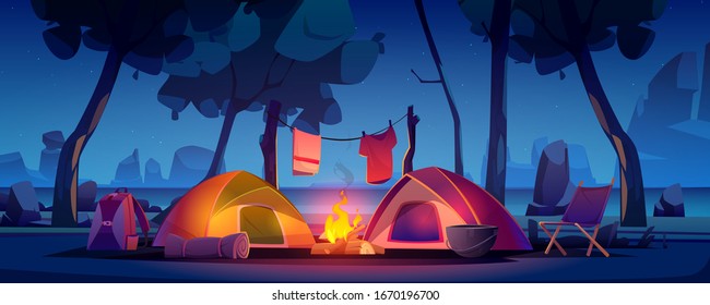 Summer Night Camp With Tent, Campfire, Trees, Lake And Mountains On Background. Vector Cartoon Landscape Of Natural Parkland, Countryside. Picnic On River Beach