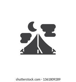 Summer night camping tent vector icon. filled flat sign for mobile concept and web design. Tourist Tent with moon and clouds glyph icon. Symbol, logo illustration. Pixel perfect vector graphics