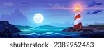 Summer night cartoon landscape with lighthouse on rocky coast of ocean or sea, starry sky with fool moon. Vector panoramic illustration of dusk seashore with rays from light beacon tower on cliff.