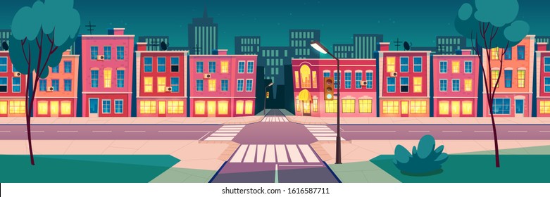 Summer night city landscape with lighted windows in houses and stars on sky. Vector cartoon cityscape with brick buildings and street road. Residential area of modern town