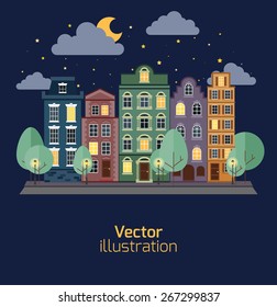 Summer Night City. Panoramic illustration.