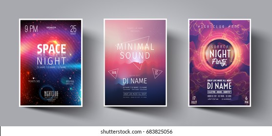 Summer Night Club Party Flyer Or Poster Layout Template. Musical Electro Concert In The Style Of House,dubstep,techno,minimal,trance,Drum And Bass Or Indie Rock.Background Of Electric Discharge.