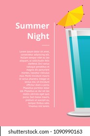 Summer Night Cocktail Party Promo Poster With Drink Made Of Vodka And Mint With Umbrella Vector Illustration On Pink Background Blue Lagoon Beverage