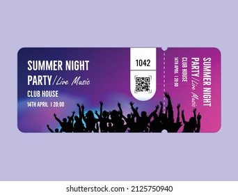 Summer Night Concert, Music And Party Ticket With People In The Background Vector Illustration 