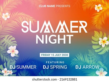 Summer night dance party beach flyer design. Summer night sunset tropical vector poster template background