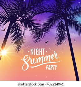 Summer night dance party. Beach summer night party poster. Travel vacation design flyer.