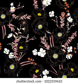  Summer night darden Floral seamless pattern blooming line black flowers Botanical  Motifs scattered random. vector texture. Elegant template for fashion prints. Printing with in hand drawn style 