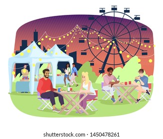 Summer night fair flat vector illustration. Amusement park, funfair, carnival, festival entertainment. Couple eating at outdoor cafe on fairground cartoon characters. Food stalls and ferris wheel