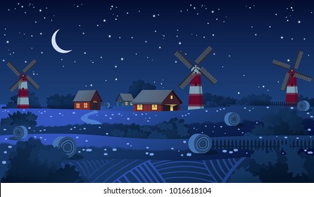 Summer night farm landscape vector background, red barn and mill in the summer flower field with haystacks.