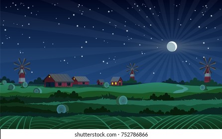 Summer Night Farm Landscape Vector Background, Red Barn And Windmills In The Night Field With Haystacks, Stars And Crescent Moon In The Night Sky.