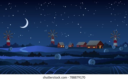 Summer night farm vector landscape with stars and crescent moon in the dark blue sky.