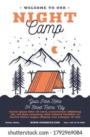 Summer night festival camp flyer A4 format. Tent life Adventure poster graphic design with forest scene and text. Stock vector retro card