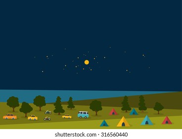 Summer night festival, party music poster, background with color retro cars, vans, buses and tent field. Flat design.