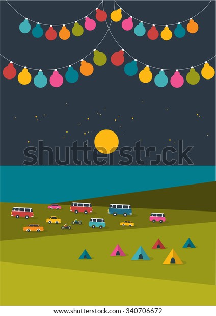 Summer night festival, party music poster,\
background with color bulbs and retro cars, vans, buses and tent\
field. Flat design.