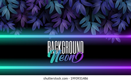 Summer night forest background. Dark blue and violet Tree leaves party design and neon light. suitable for flyer banner. Vector illustration.
