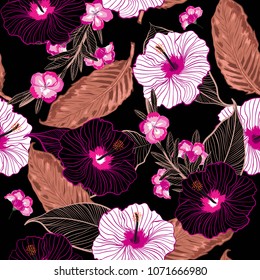 Summer night in forest seamless vector floral pattern, Black background with tropical flowers, palm leaves, jungle leaf, hibiscus,   paradise flower hand drawing in Hawaiian style