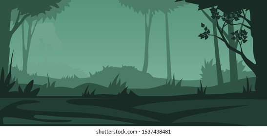 Summer night forest. Vector background with deciduous forest