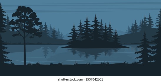 Summer night forest. Vector background with coniferous forest and lake
